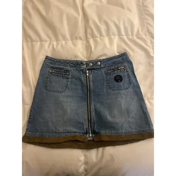 Vintage Y2K GUESS Jeans Mini Skirt FUZZY FLEECE Trim Zip Denim Size 29 8 M RAVER - Picture 2 of 8